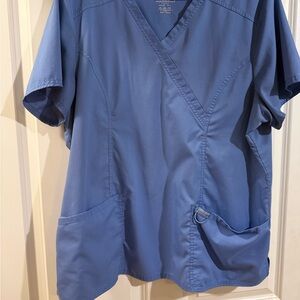 Women's Blue V-Neck Scrub Top with Utility Pockets